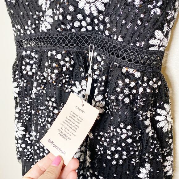 Self Portrait Black Tulle Floral Sequin Deco Tiered Dress NWT Size 2 MSRP $535 - Picture 7 of 13